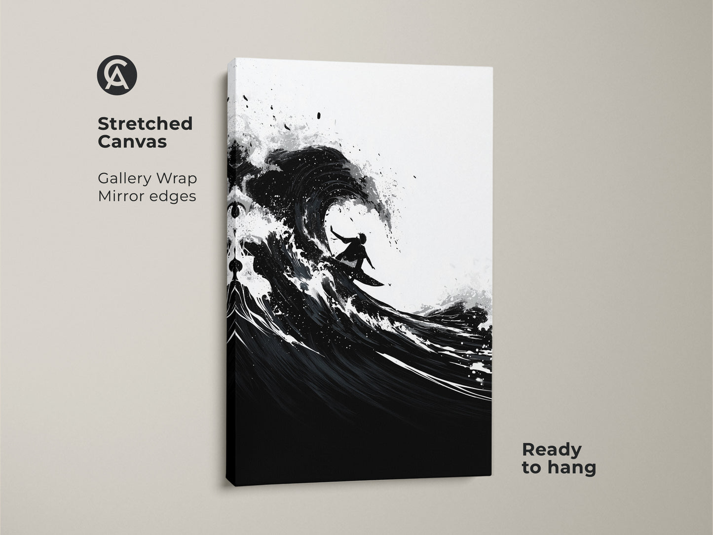 Stretched canvas art of a surfer riding a wave in monochrome. The gallery wrap has mirror edges and is ready to hang. Black and white ocean wall art for modern decor.