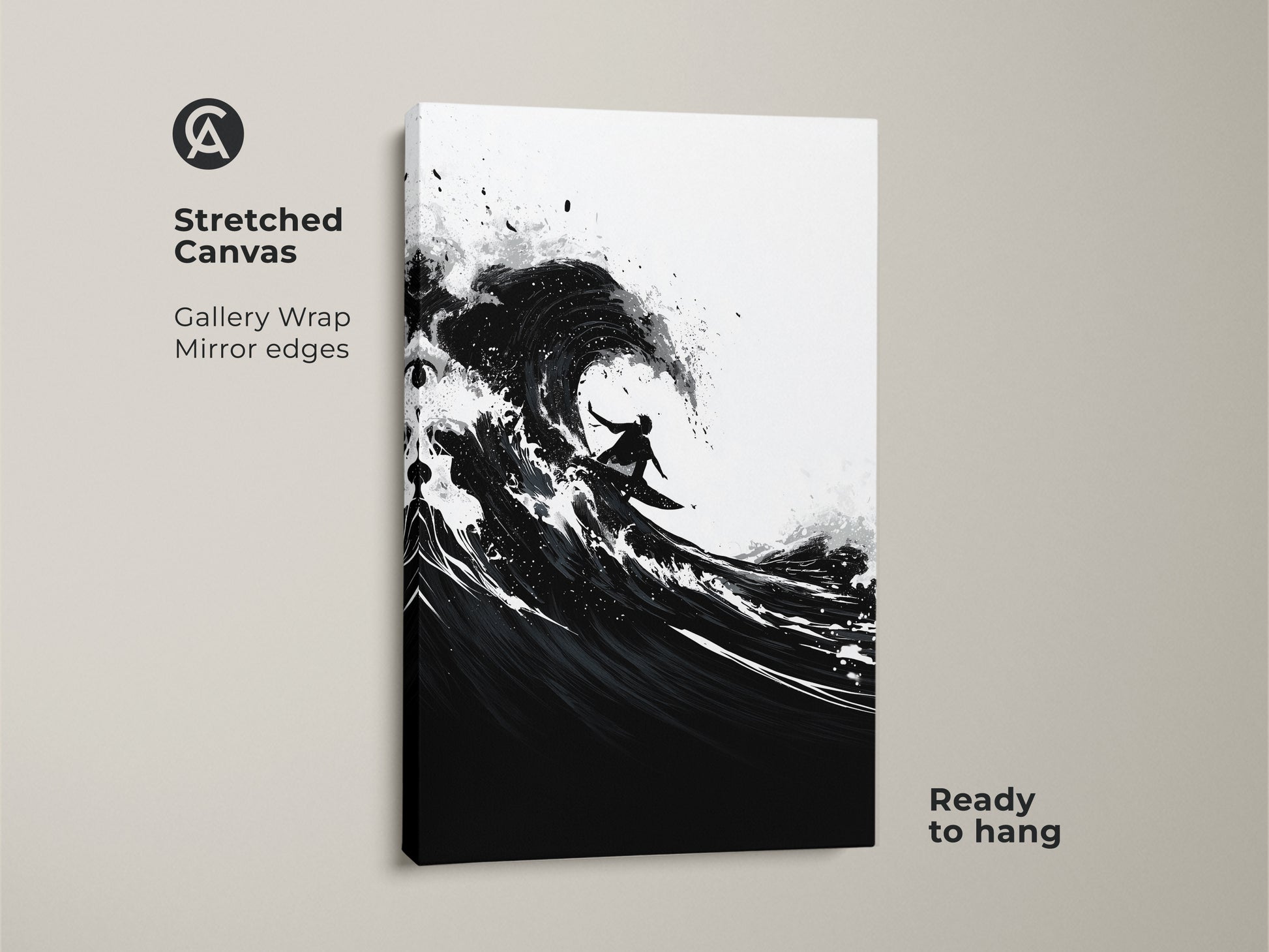Stretched canvas art of a surfer riding a wave in monochrome. The gallery wrap has mirror edges and is ready to hang. Black and white ocean wall art for modern decor.