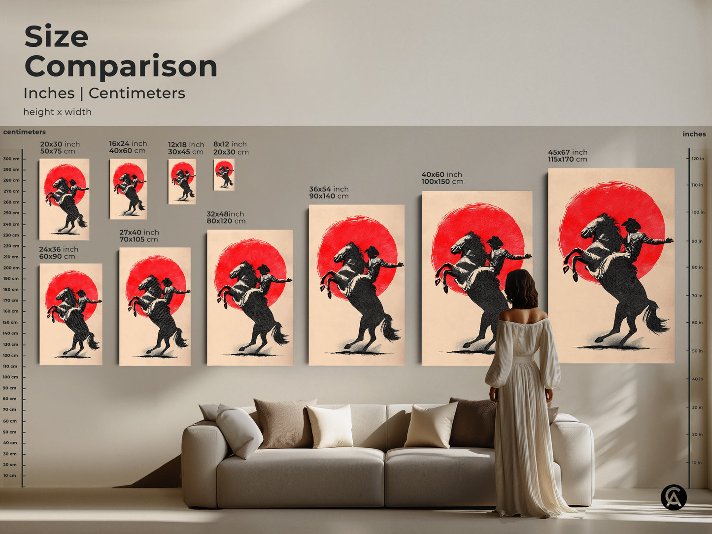 Size comparison of the cowboy on horse canvas artwork. Sizes in inches and centimeters are displayed with a model for reference. The minimalist farmhouse wall art is great as rustic man cave decor. The perfect cowboy enthusiast gift.