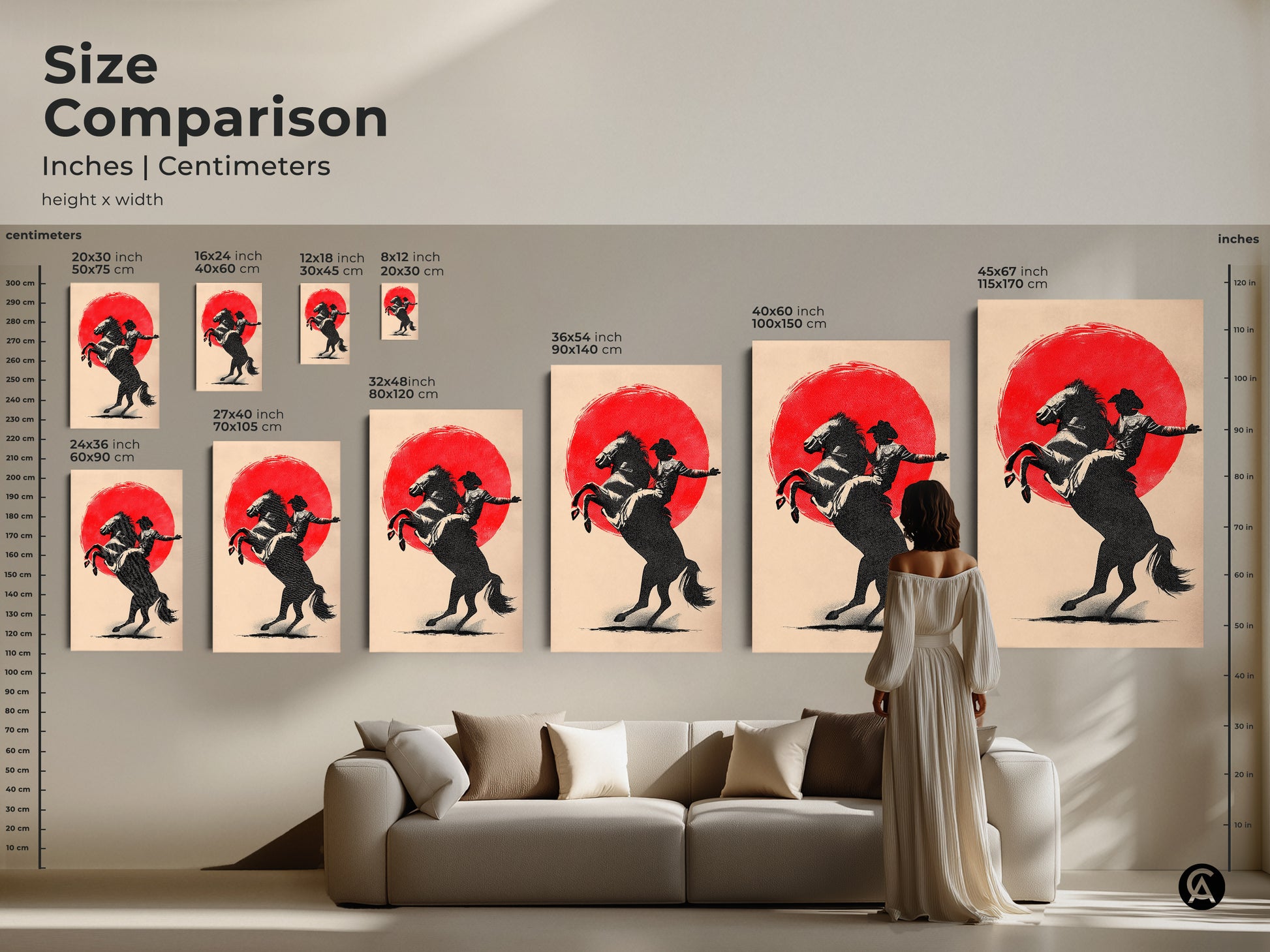 Size comparison of the cowboy on horse canvas artwork. Sizes in inches and centimeters are displayed with a model for reference. The minimalist farmhouse wall art is great as rustic man cave decor. The perfect cowboy enthusiast gift.