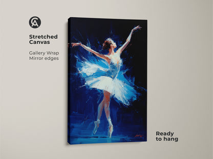 Stretched canvas ballerina art. Gallery wrapped with mirrored edges. The blue oil painting style captures movement. This ready-to-hang artwork adds a touch of dance to your home. The ballerina looks poised. Buy art online now