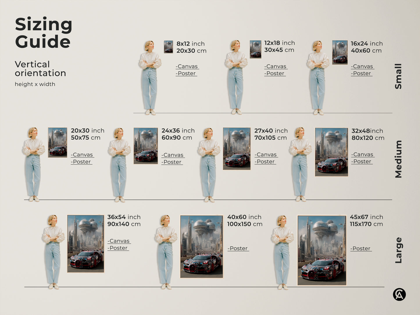 Sizing guide for hypercar automotive art prints. Visualize artwork dimensions in vertical orientation. Options range from small 8x12 inch to large 45x67 inch canvas and posters. This futuristic cityscape is perfect for any space. Find the ideal size for your science fiction F1 fan gift decor.