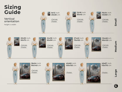 Sizing guide for hypercar automotive art prints. Visualize artwork dimensions in vertical orientation. Options range from small 8x12 inch to large 45x67 inch canvas and posters. This futuristic cityscape is perfect for any space. Find the ideal size for your science fiction F1 fan gift decor.