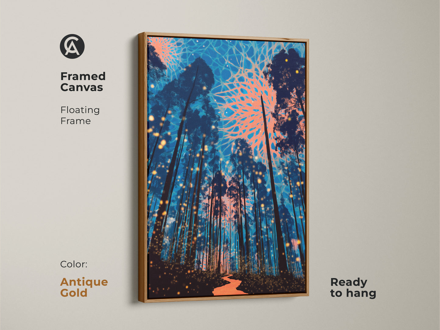This framed canvas showcases surreal forest art with deep blue pine trees. Coral abstract accents and glowing lights create a fantasy scene. The antique gold floating frame adds elegance. This unique wall decor is ready to hang for eclectic spaces.