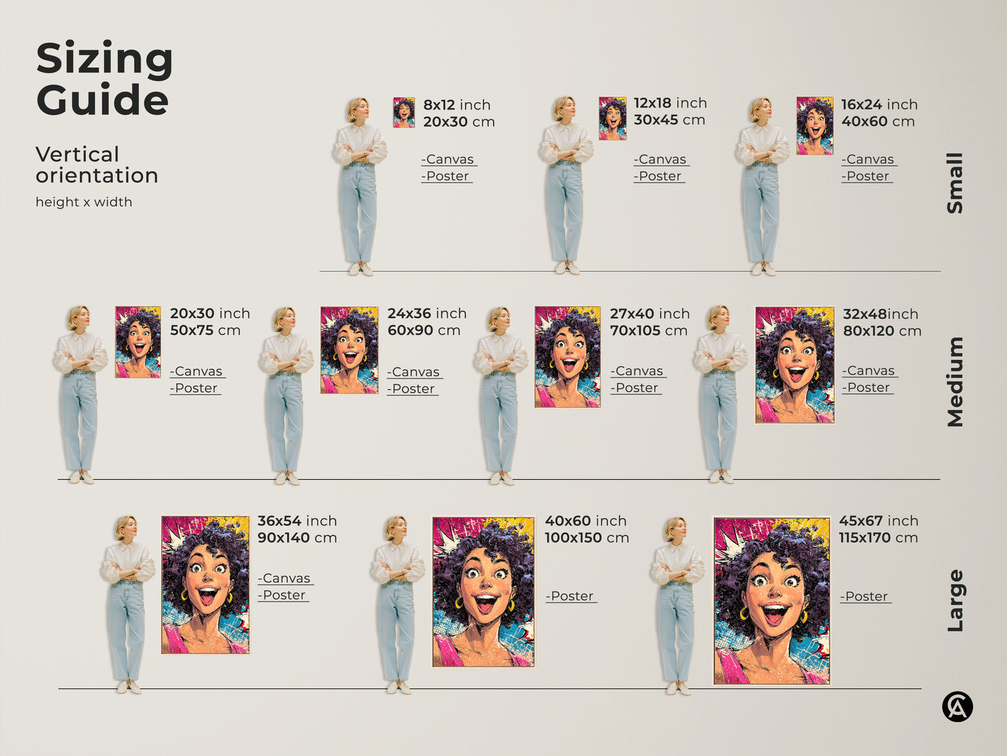 Sizing guide for a vertical pop art woman canvas or poster. Available in small medium and large sizes. This comic book style artwork is perfect for eclectic home decor. The pink yellow and blue colors add a vibrant touch to any space. Find the ideal size to showcase this expressive portrait