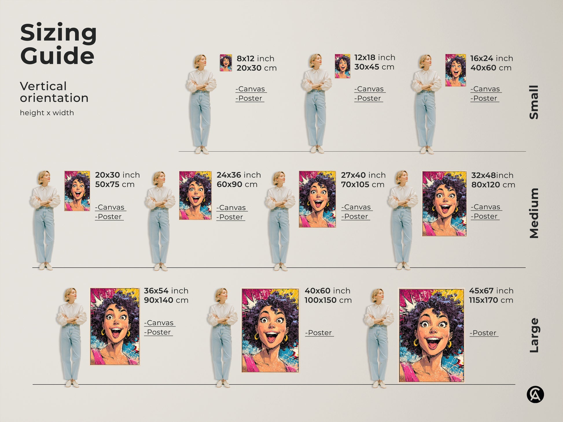 Sizing guide for a vertical pop art woman canvas or poster. Available in small medium and large sizes. This comic book style artwork is perfect for eclectic home decor. The pink yellow and blue colors add a vibrant touch to any space. Find the ideal size to showcase this expressive portrait