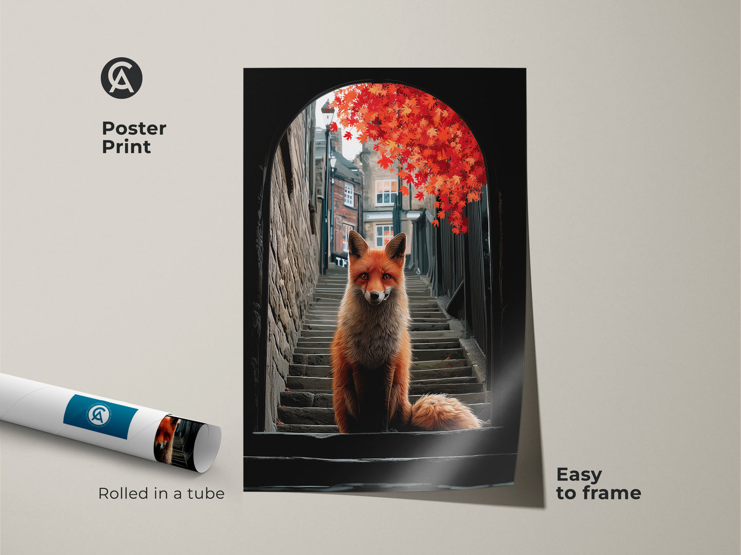 Add a touch of surreal charm with this fox in alley art poster. The artwork combines urban fantasy with nature. This eclectic street scene poster is an easy-to-frame piece for your cozy cottage decor. Perfect for nature lovers and unique animal artwork.