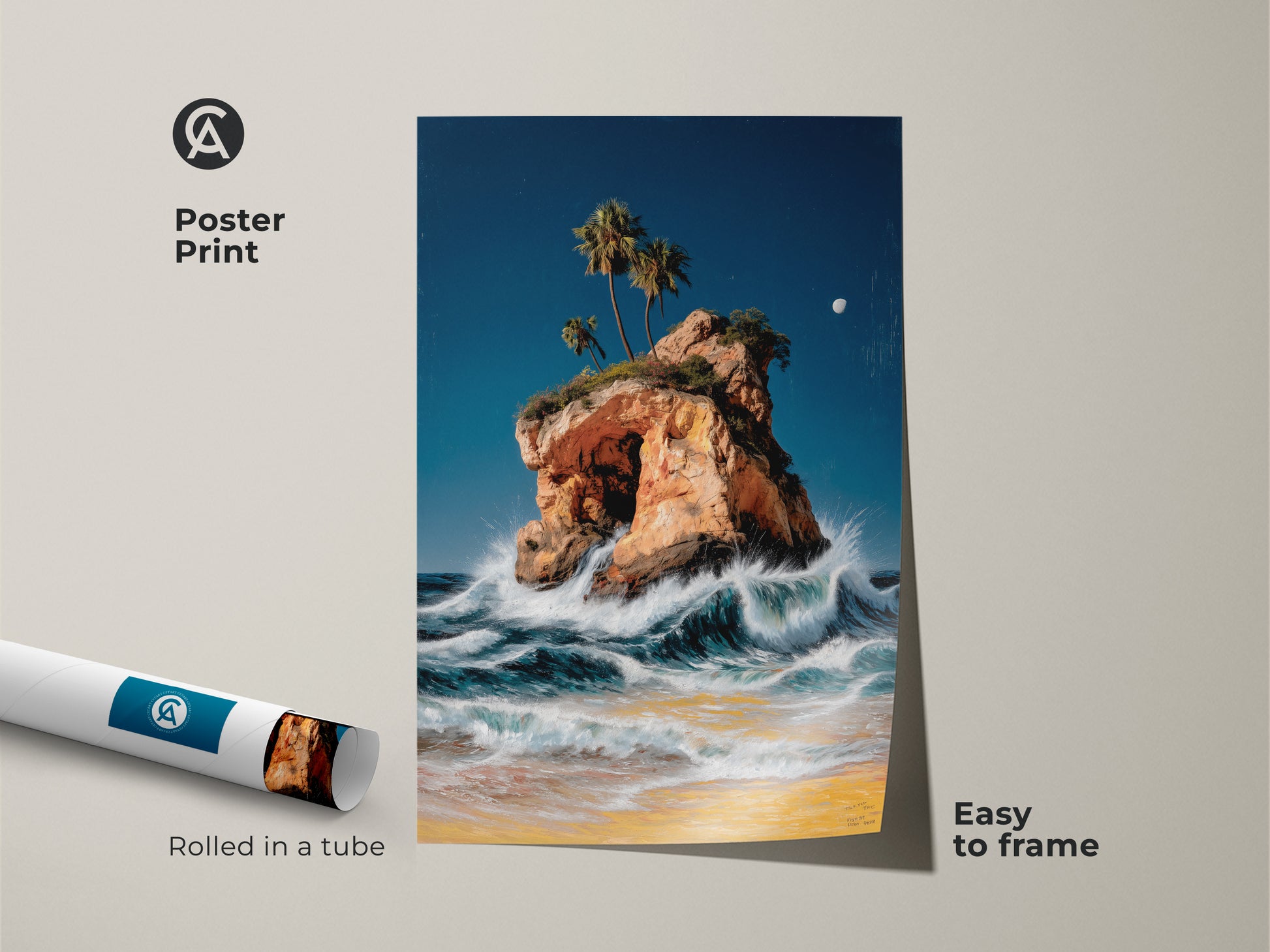 Poster print featuring ocean waves and a coastal island scene. The artwork showcases palm trees and an island cave. Easy to frame this beach art print adds a tropical touch. Rolled in a tube this nautical seascape painting is perfect for any beach lover. The blue and orange oil painting style brightens any room.