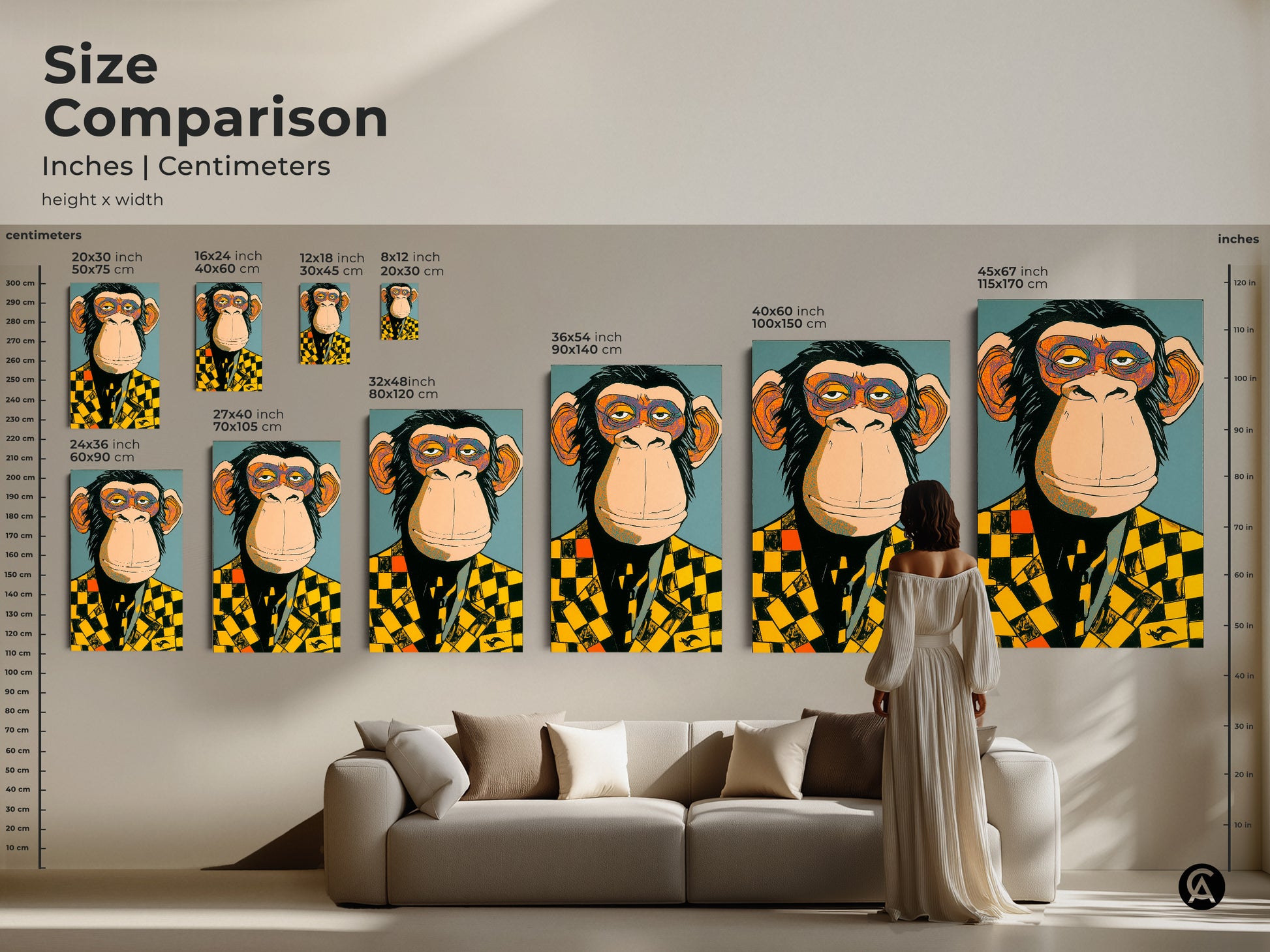 A size comparison featuring a monkey in a checker blazer. See how this artwork transforms different spaces from small to large. Visualize the impact of each size on your wall decor. This art ensures a perfect fit and stunning visual impact for any room.