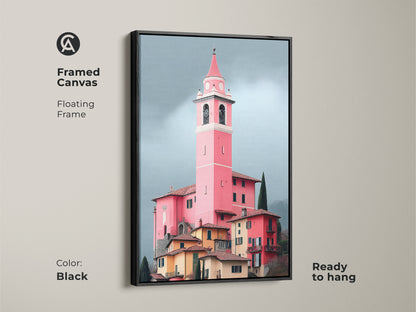 Framed canvas in black displaying a pink church tower art print. Floating frame highlights European village artwork. Italian architecture painting brings travel inspired decor.