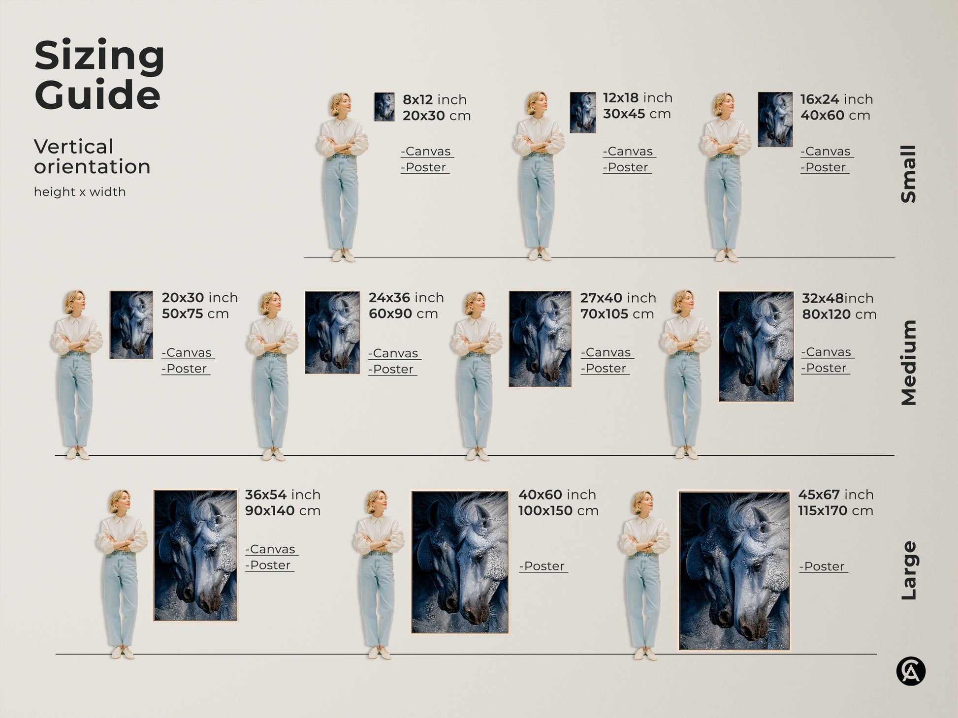 Sizing guide for indigo horse art in vertical orientation. Find the perfect fit with canvas or poster options. Sizes range from small 8x12 to large 45x67 inches. Ideal animal portrait wall art for bedroom decor or equestrian wall hanging. Find the perfect size for your space.