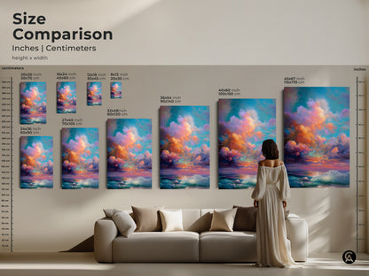 Size comparison of dreamy ocean waves canvas print. Inches and centimeters displayed show various dimensions. Ideal for coastal bedroom wall art or art for serene bedroom. A perfect housewarming gift.