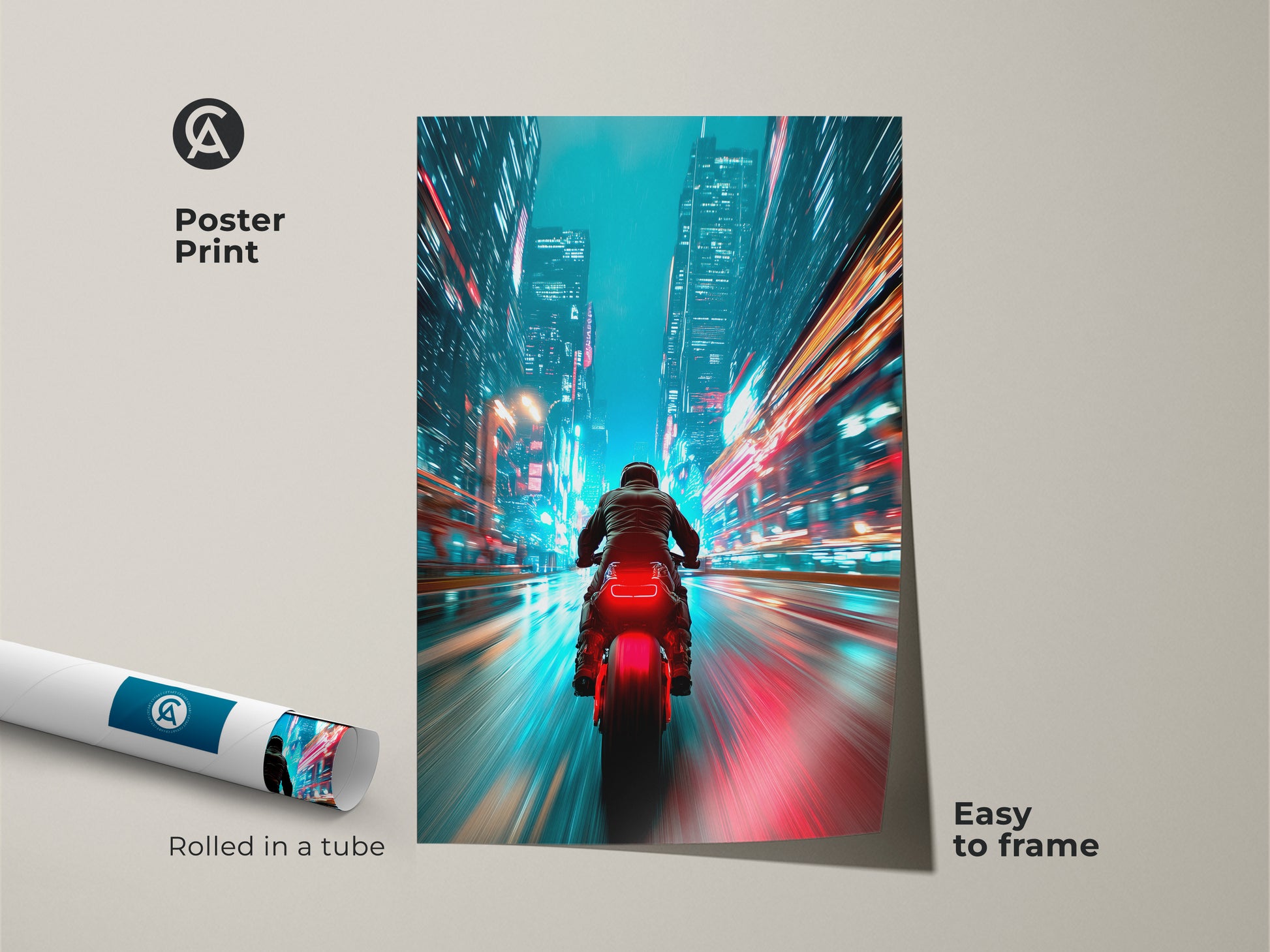 Poster print of a futuristic cityscape. The artwork depicts a motorcycle rider speeding through a neon city. The teal and red lights create a dynamic motion effect. This urban abstract canvas is easy to frame. It arrives rolled in a tube for protection.