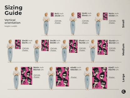 Sizing guide for the Retro Pop Art Print. Available as canvas or poster in various sizes. Small medium and large vertical orientations to fit any space. This pink fashion woman with sunglasses artwork adds Parisian chic style to your home. Find the perfect size for your eclectic wall decor.