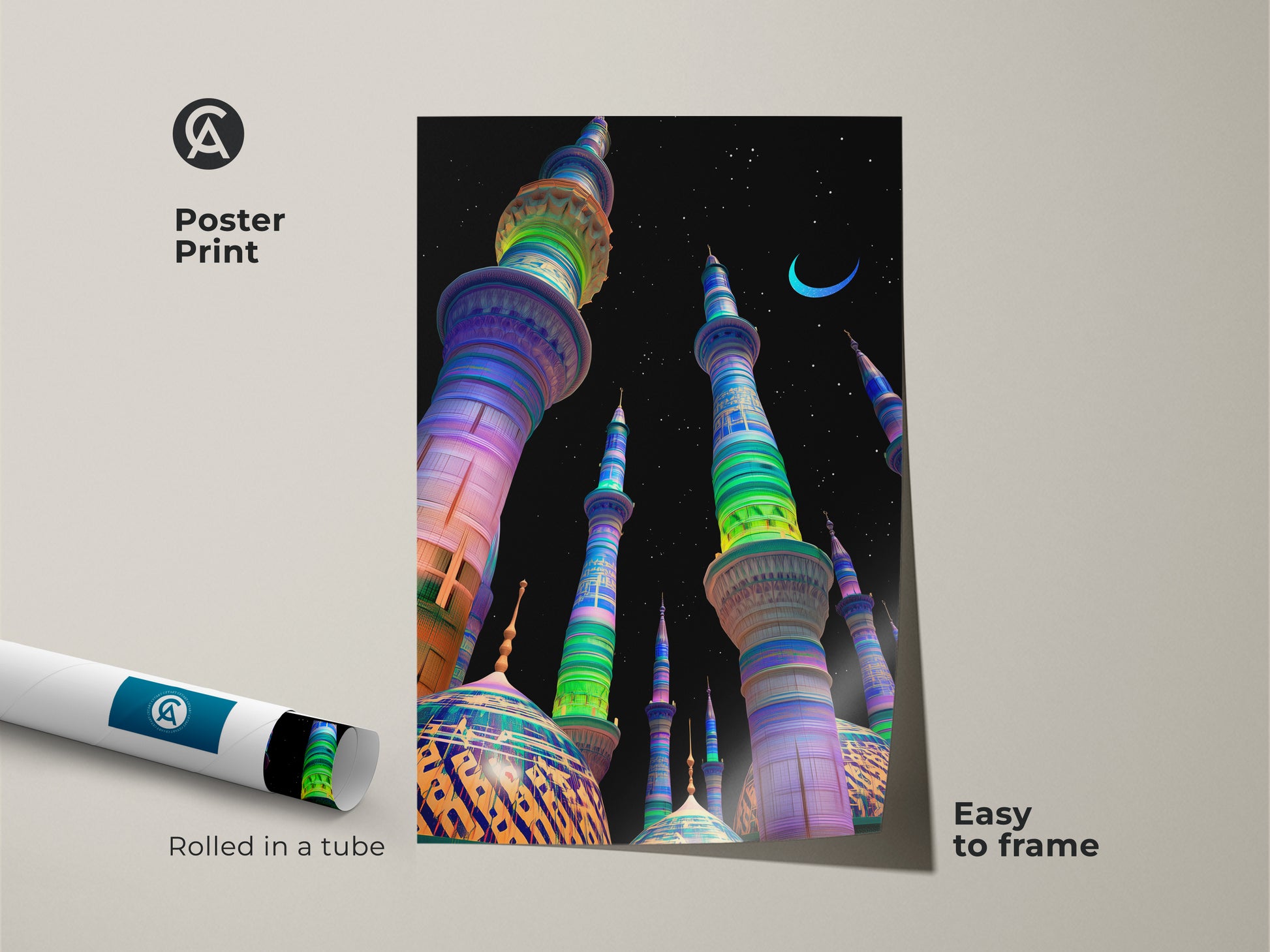 A poster print displays vibrant mosque digital art against a light background. This islamic architecture artwork is easy to frame. The colorful mosque artwork features blue green and purple hues against a starry night sky with a crescent moon.