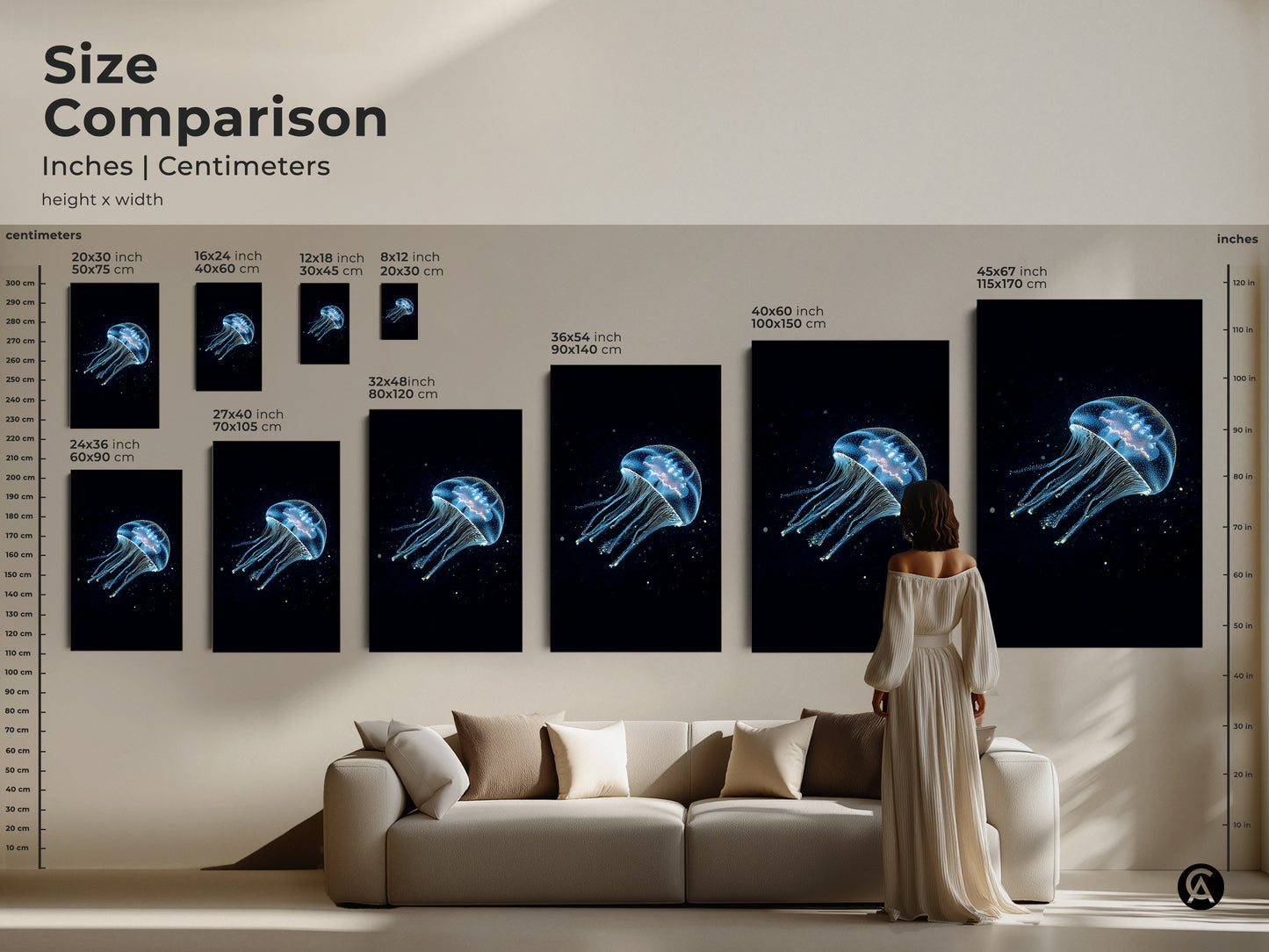 Compare sizes of abstract jellyfish art in inches and centimeters. Envision the marine life artwork above a sofa. This deep blue cyan canvas print adds beauty to any space. Find the ideal size for your contemporary decor.