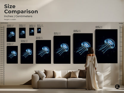 Compare sizes of abstract jellyfish art in inches and centimeters. Envision the marine life artwork above a sofa. This deep blue cyan canvas print adds beauty to any space. Find the ideal size for your contemporary decor.