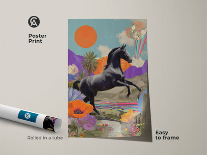 This surreal horse collage art is a poster print. The retro futurism art print is easy to frame. The eclectic animal art features an orange sun and teal purple landscape. It is a unique gift for equestrian lovers.