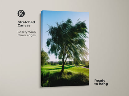 A stretched canvas featuring realistic golf art. The gallery wrap presents mirror edges enhancing the windswept tree wall art. This green nature photography is ready to hang as wall decor.