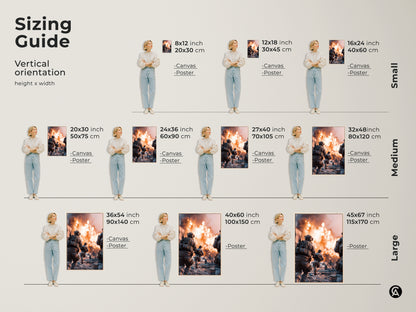 A sizing guide shows a soldier running through an explosion. Vertical orientation options are available. Choose from canvas or poster prints to fit any space. This modern military art is great for man caves or office workplace decor.