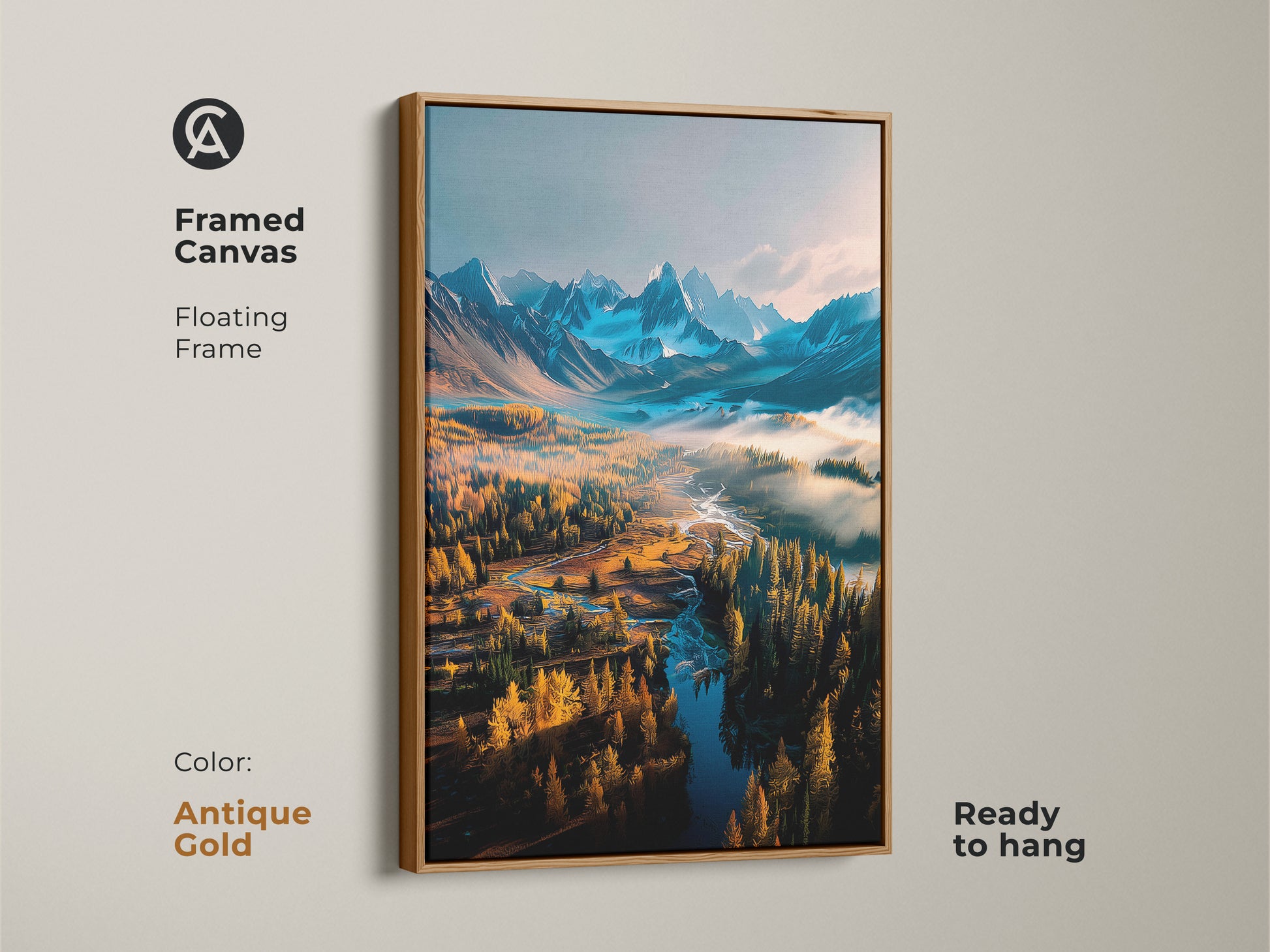 Antique gold framed canvas art print featuring a captivating mountain river scene. This floating frame artwork is ready to hang adding a touch of vintage charm to your decor. Enhance your home with this timeless landscape art piece. Shop framed canvas art today