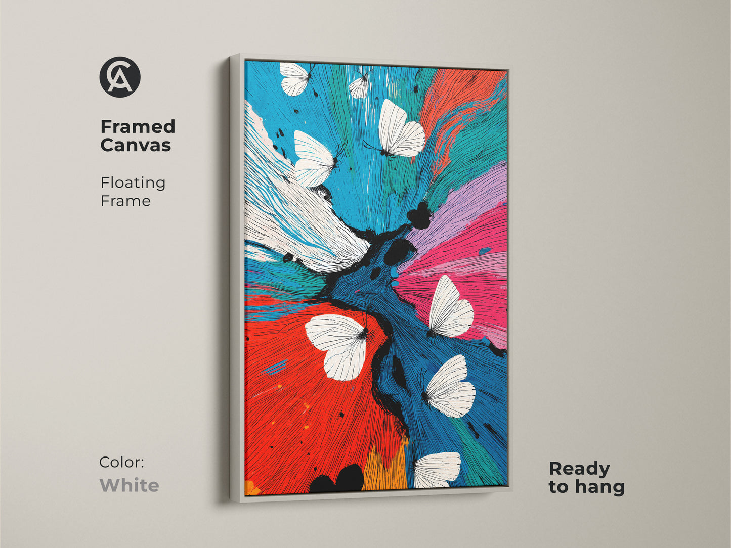 Framed canvas presents abstract butterfly wall art with a clean white floating frame. The contemporary floral artwork combines red blue teal shades. The nature insect motif enhances eclectic bedroom decor. This vibrant abstract painting is ready to hang enriching any space.