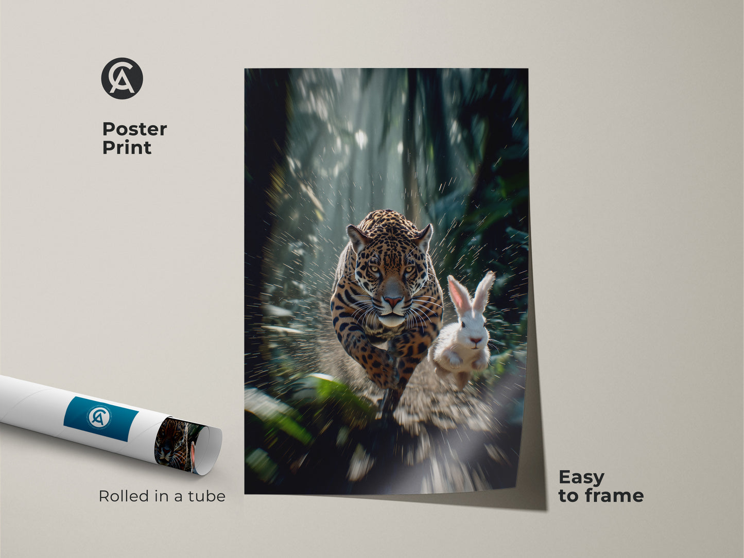 This poster print showcases a dynamic scene of a jaguar chasing a rabbit. The motion blur effect adds energy to this jungle chase scene print. Easy to frame this nature-inspired wall art is a unique wildlife artwork. A perfect gift for animal lovers who appreciate exotic cat canvas art.