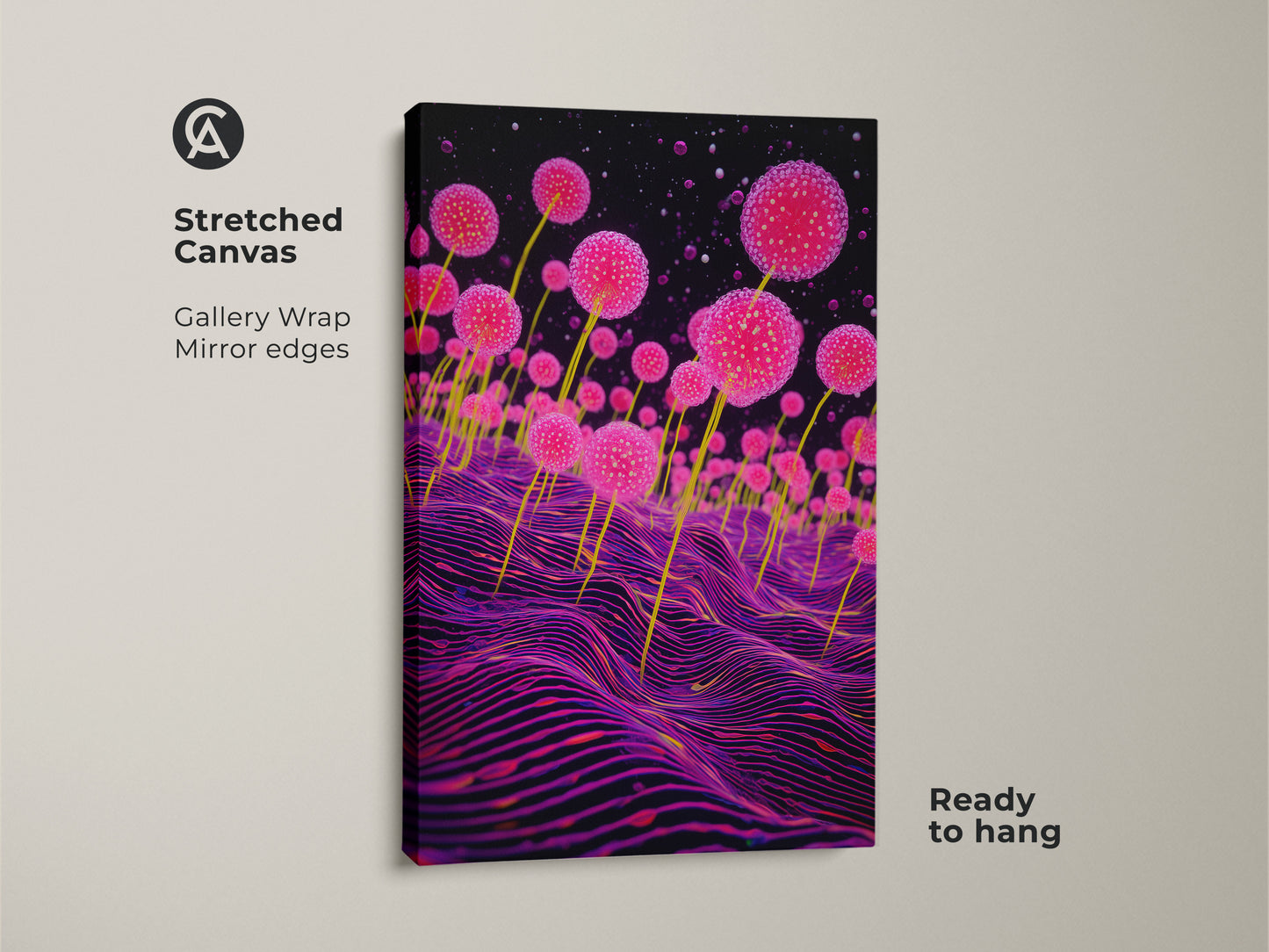 Stretched canvas displaying surreal pink fungi against a deep purple wavy landscape. This abstract botanical print combines sci-fi fantasy with a botanical twist. This cosmic botany canvas art print offers an otherworldly touch. Ready to hang in your home.