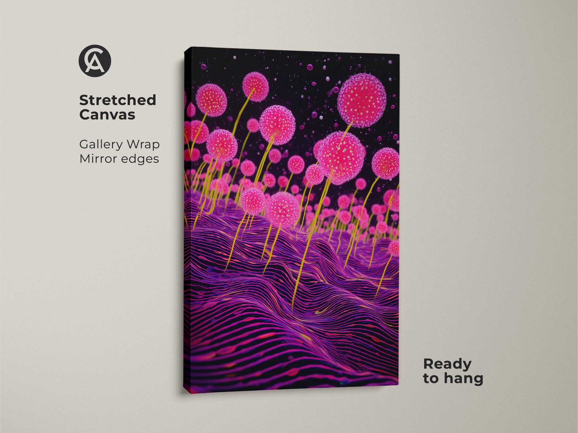 Stretched canvas displaying surreal pink fungi against a deep purple wavy landscape. This abstract botanical print combines sci-fi fantasy with a botanical twist. This cosmic botany canvas art print offers an otherworldly touch. Ready to hang in your home.