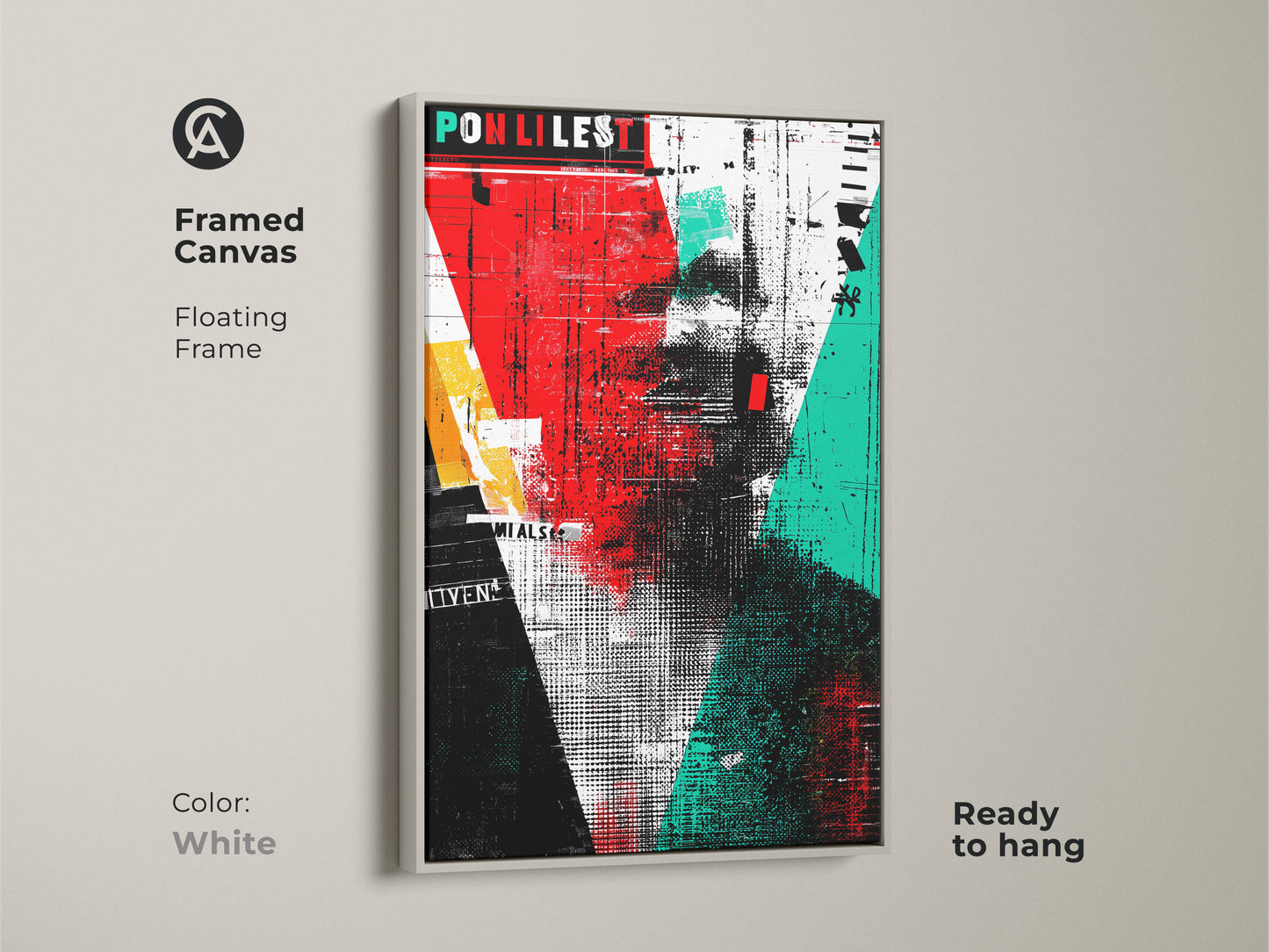 Framed canvas featuring abstract typography wall art with a floating white frame. The grunge portrait canvas print displays red black and teal art decor. Ready to hang this eclectic collage artwork enhances any room. A contemporary portrait art piece.
