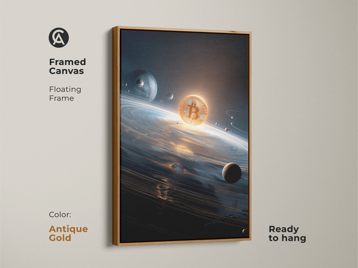 Bitcoin framed canvas. This floating frame is antique gold. The artwork features a Bitcoin in space. The digital coin is surrounded by planets and stars. This crypto art is ready to hang.