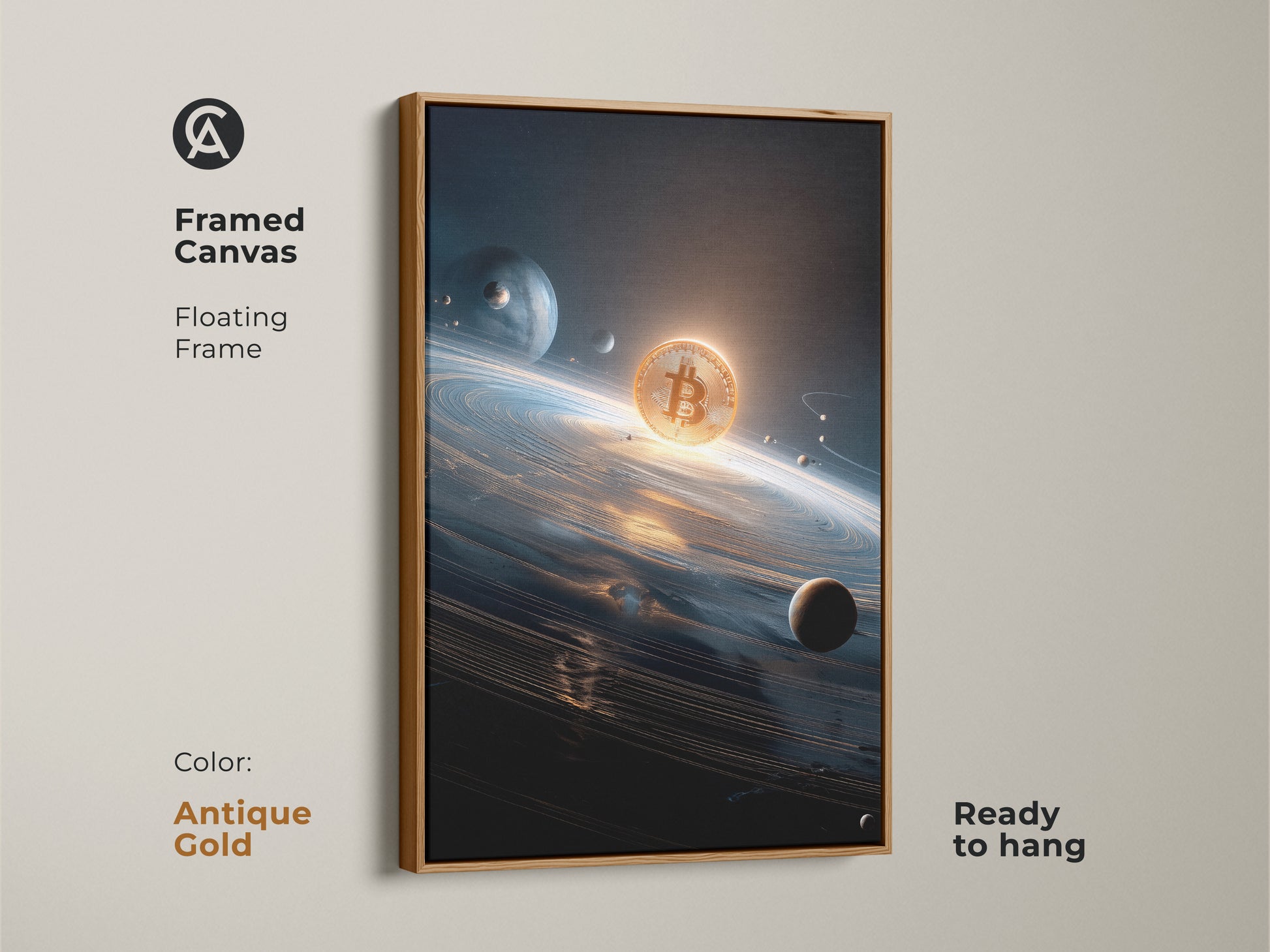 Bitcoin framed canvas. This floating frame is antique gold. The artwork features a Bitcoin in space. The digital coin is surrounded by planets and stars. This crypto art is ready to hang.