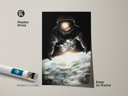 Poster print of an astronaut floating above earth. Rolled in a tube for easy framing. This space exploration art is a photorealistic masterpiece. The cinematic space artwork uses black blue and white tones. Perfect for a sci-fi themed room. A thoughtful gift for astronomy enthusiasts.