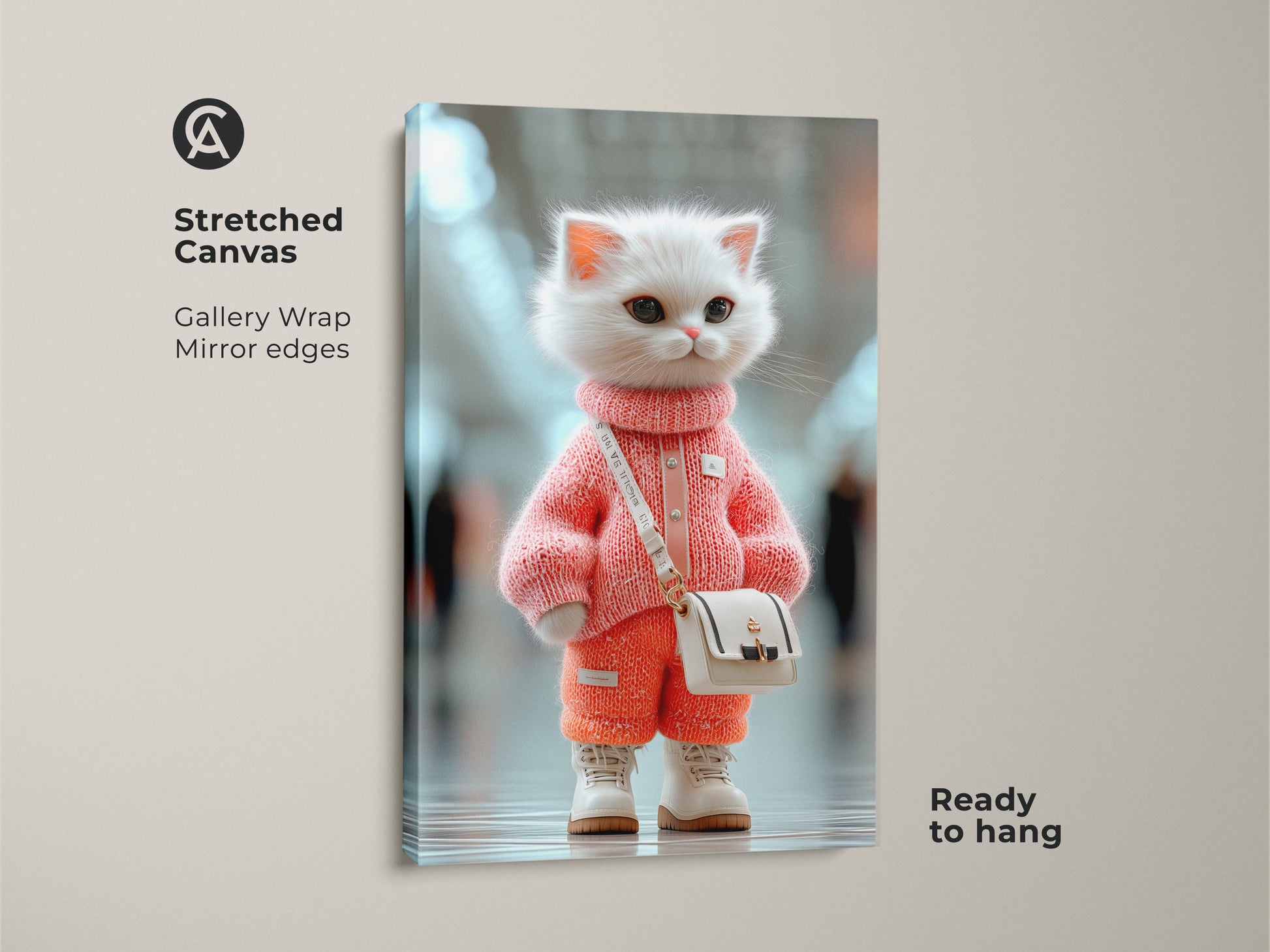 Stretched canvas artwork showcasing a stylish kitten in a pink outfit. The gallery wrap and mirror edges give it a modern look. Ready to hang this adorable cat art will brighten any room. A perfect piece for animal art collectors.