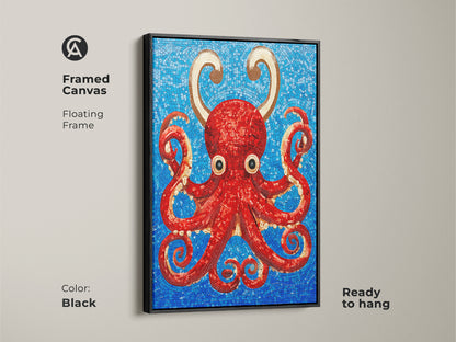 Framed canvas featuring a red octopus mosaic artwork with a black floating frame. The vibrant red octopus with gold accents stands out against the blue mosaic background. This eclectic marine life art is ready to hang. It adds a contemporary touch to your living space. Perfect as a unique gift or a striking addition to your decor.