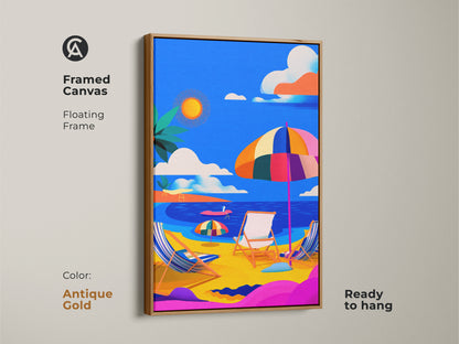 Framed canvas showcasing a colorful beach scene with an antique gold floating frame. This ready-to-hang artwork adds a touch of elegance and vibrancy to your space. The beach chairs and umbrella create a relaxing coastal vibe. The bright colors bring the feeling of summer into your home.