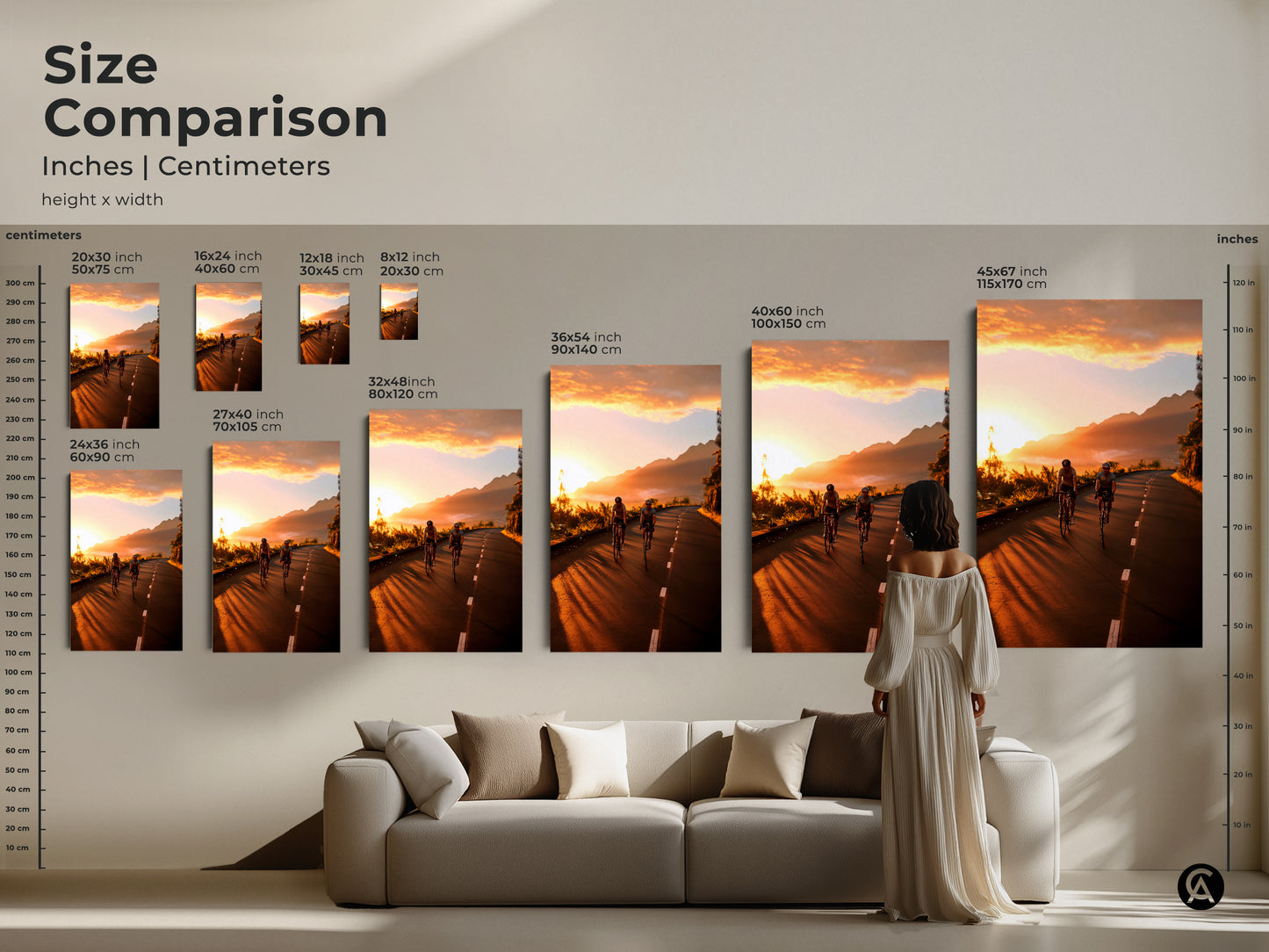 Size comparison of cycling wall art in inches and centimeters. Visualize how each size fits in your living space. Featuring a mountain road sunset this artwork is perfect for any room. Available as canvas or poster to enhance your decor.