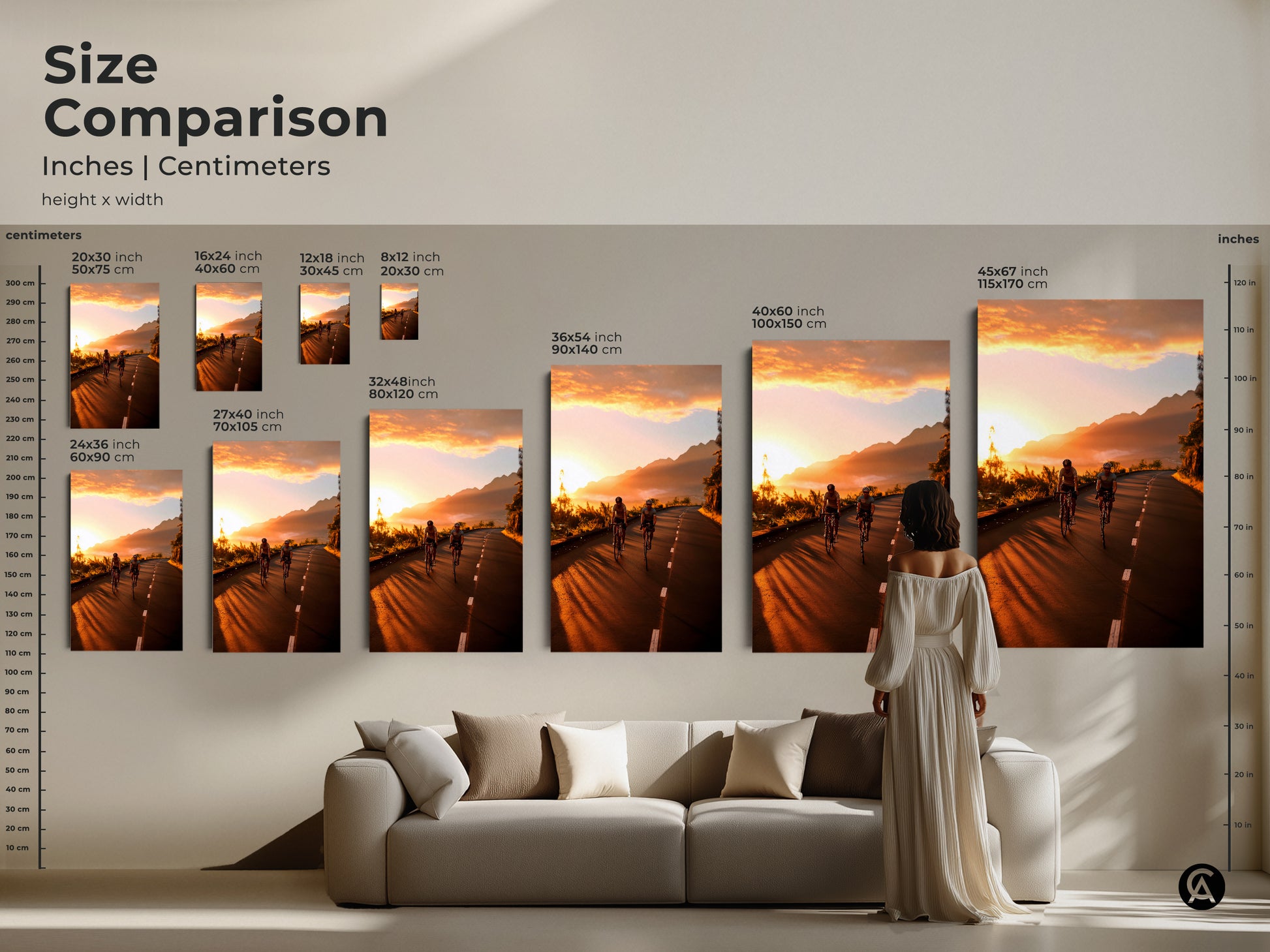 Size comparison of cycling wall art in inches and centimeters. Visualize how each size fits in your living space. Featuring a mountain road sunset this artwork is perfect for any room. Available as canvas or poster to enhance your decor.