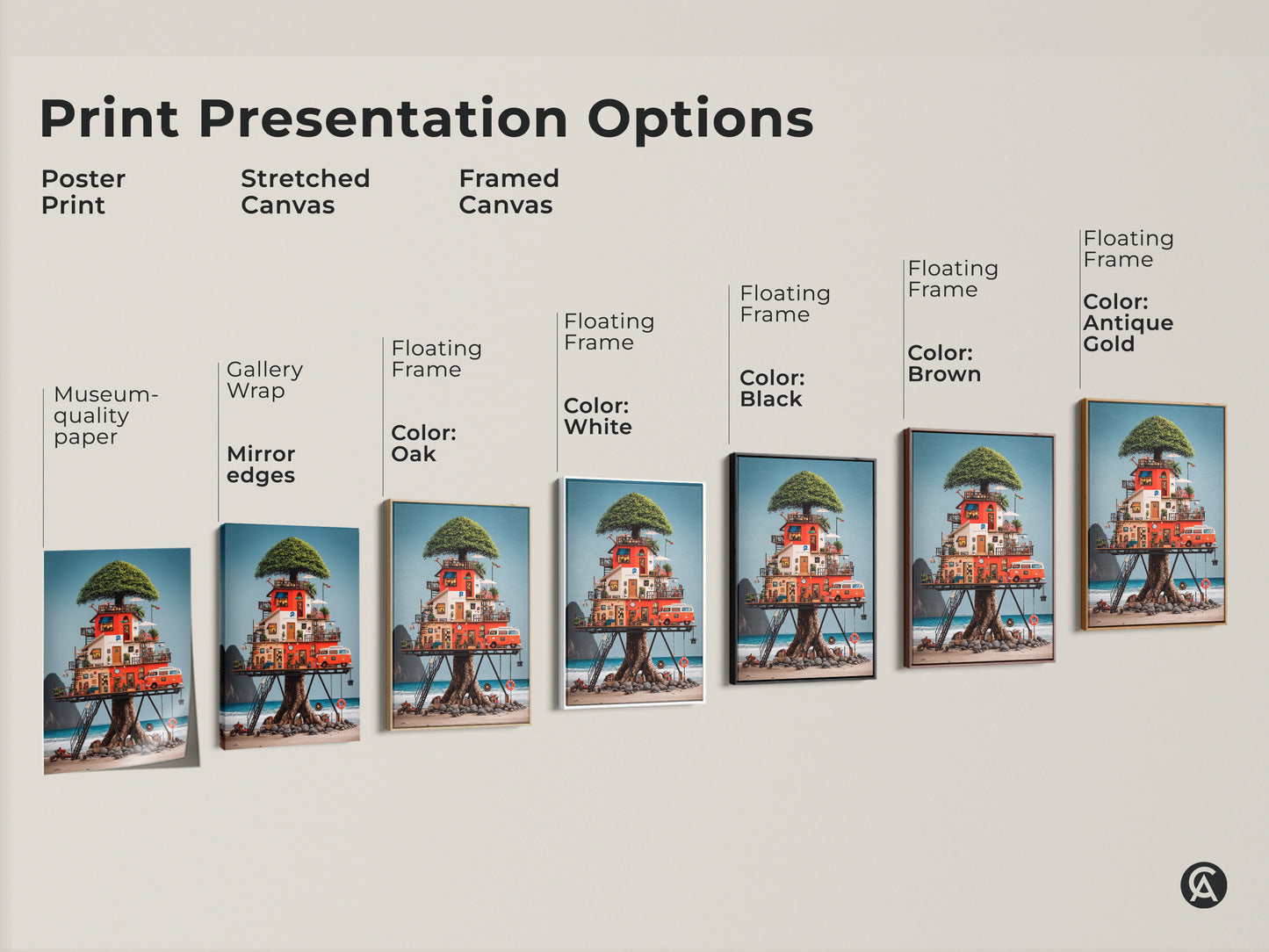 Explore print presentation options for this eclectic treehouse artwork. Options include posters stretched canvases and framed canvases. Choose from gallery wrap museum-quality paper or floating frames in various colors to match your decor.