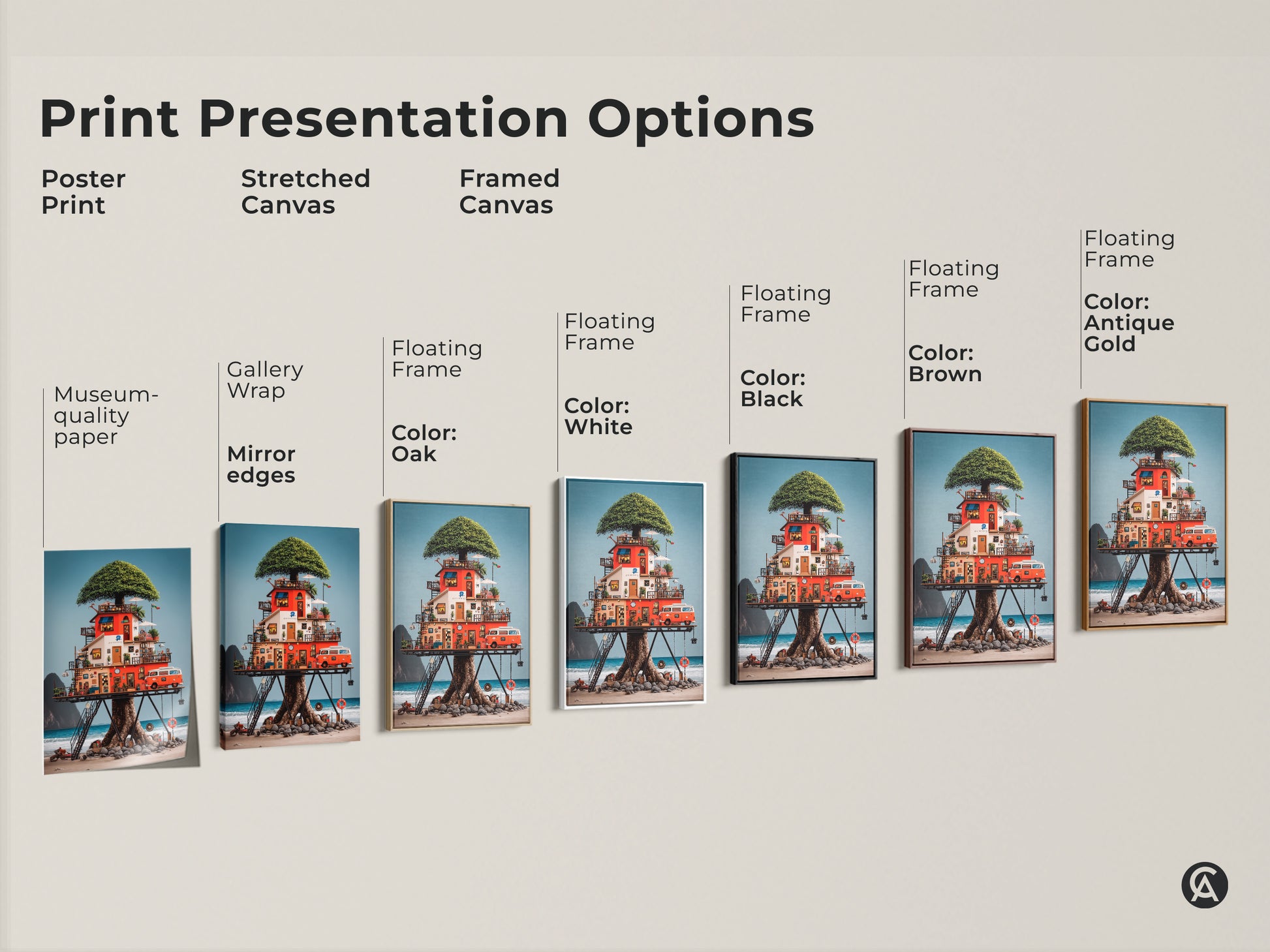 Explore print presentation options for this eclectic treehouse artwork. Options include posters stretched canvases and framed canvases. Choose from gallery wrap museum-quality paper or floating frames in various colors to match your decor.