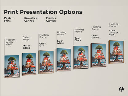 Explore print presentation options for this eclectic treehouse artwork. Options include posters stretched canvases and framed canvases. Choose from gallery wrap museum-quality paper or floating frames in various colors to match your decor.