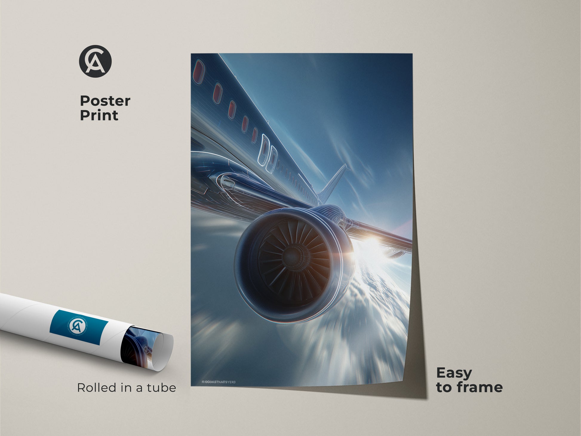 Poster print featuring a futuristic jet engine against a deep blue sky. This modern aviation art comes rolled in a tube for easy framing. Perfect as aviation artwork for an office or a gift for an aviation enthusiast. The sleek metallic artwork adds a contemporary touch.