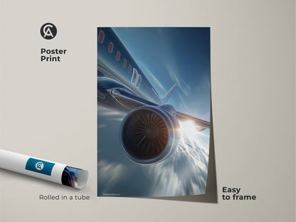 Poster print featuring a futuristic jet engine against a deep blue sky. This modern aviation art comes rolled in a tube for easy framing. Perfect as aviation artwork for an office or a gift for an aviation enthusiast. The sleek metallic artwork adds a contemporary touch.