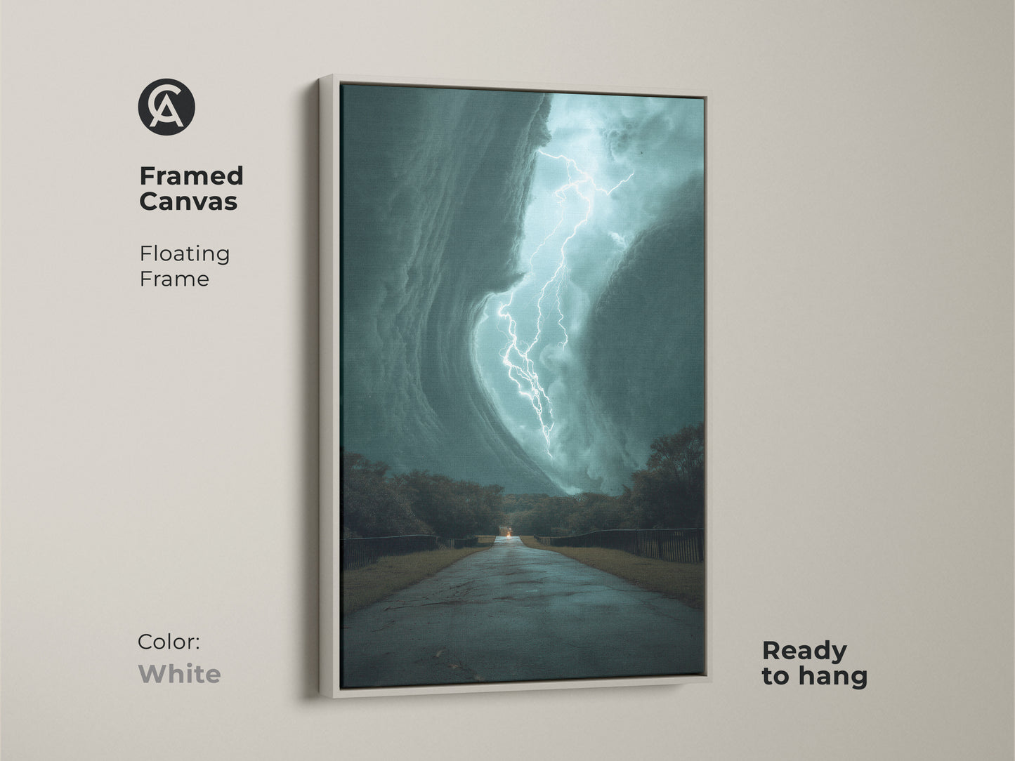 This framed canvas features a teal lightning storm with a white floating frame. It is ready to hang. The artwork captures a dramatic lightning strike over a road. This nature weather artwork print brings cinematic flair to any space. Perfect as travel themed home decor or modern office artwork.