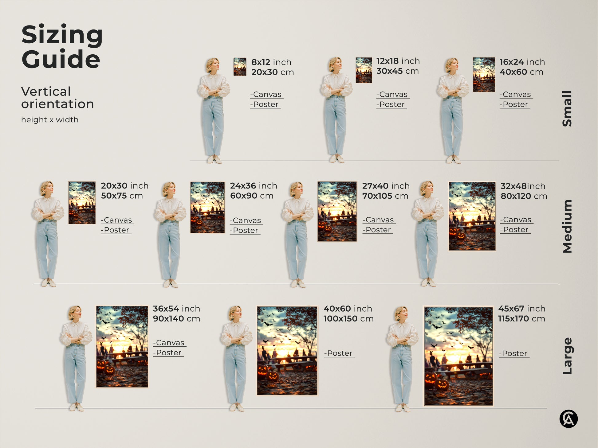 Sizing guide for vertical Halloween artwork. Available in small medium and large sizes. Choose from canvas or poster prints. Find the perfect fit for your space. Sizes range from 8x12 to 45x67 inches. This autumn sunset art is a great seasonal gift.