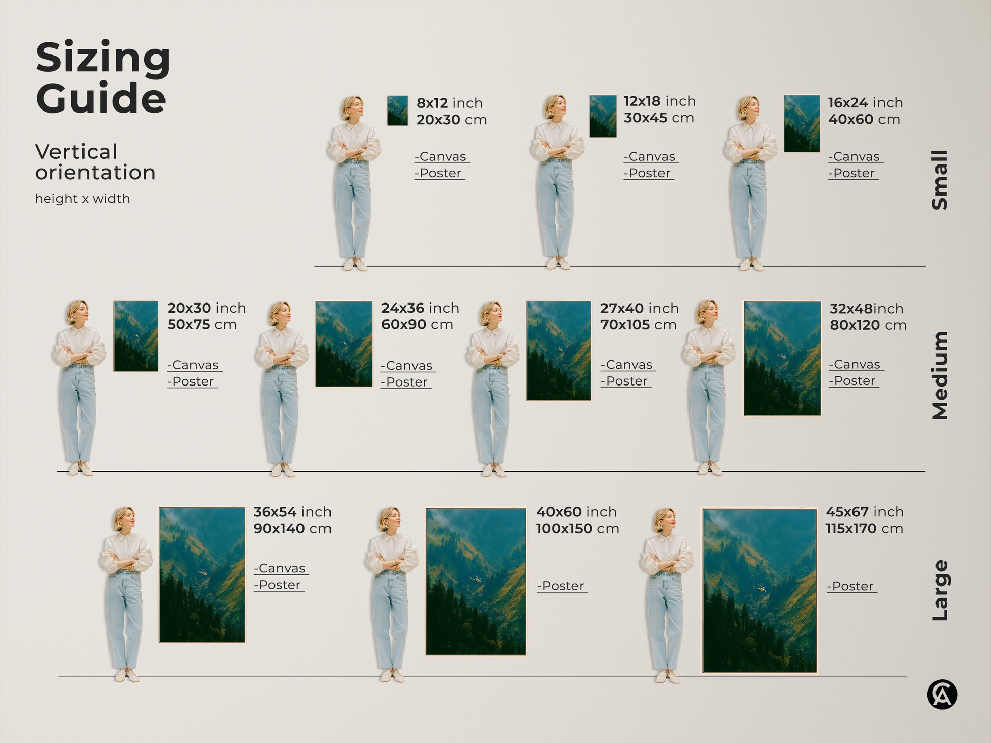 Sizing guide for vertical helicopter in valley artwork. Available in canvas or poster prints. Find the perfect size from small medium or large. Visualize the dimensions to suit your space. Transform your walls today.