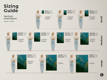 Sizing guide for vertical helicopter in valley artwork. Available in canvas or poster prints. Find the perfect size from small medium or large. Visualize the dimensions to suit your space. Transform your walls today.
