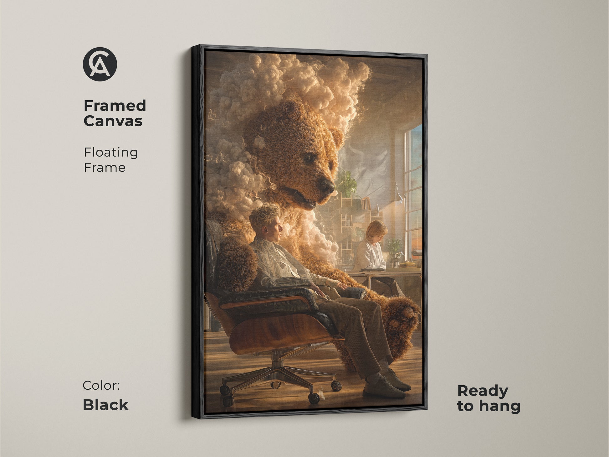 Framed canvas of a surreal bear man art print with a black floating frame. Ready to hang for easy office or home decor. Features a golden brown dreamlike print perfect for art collectors. This eclectic wall hanging enhances your study.