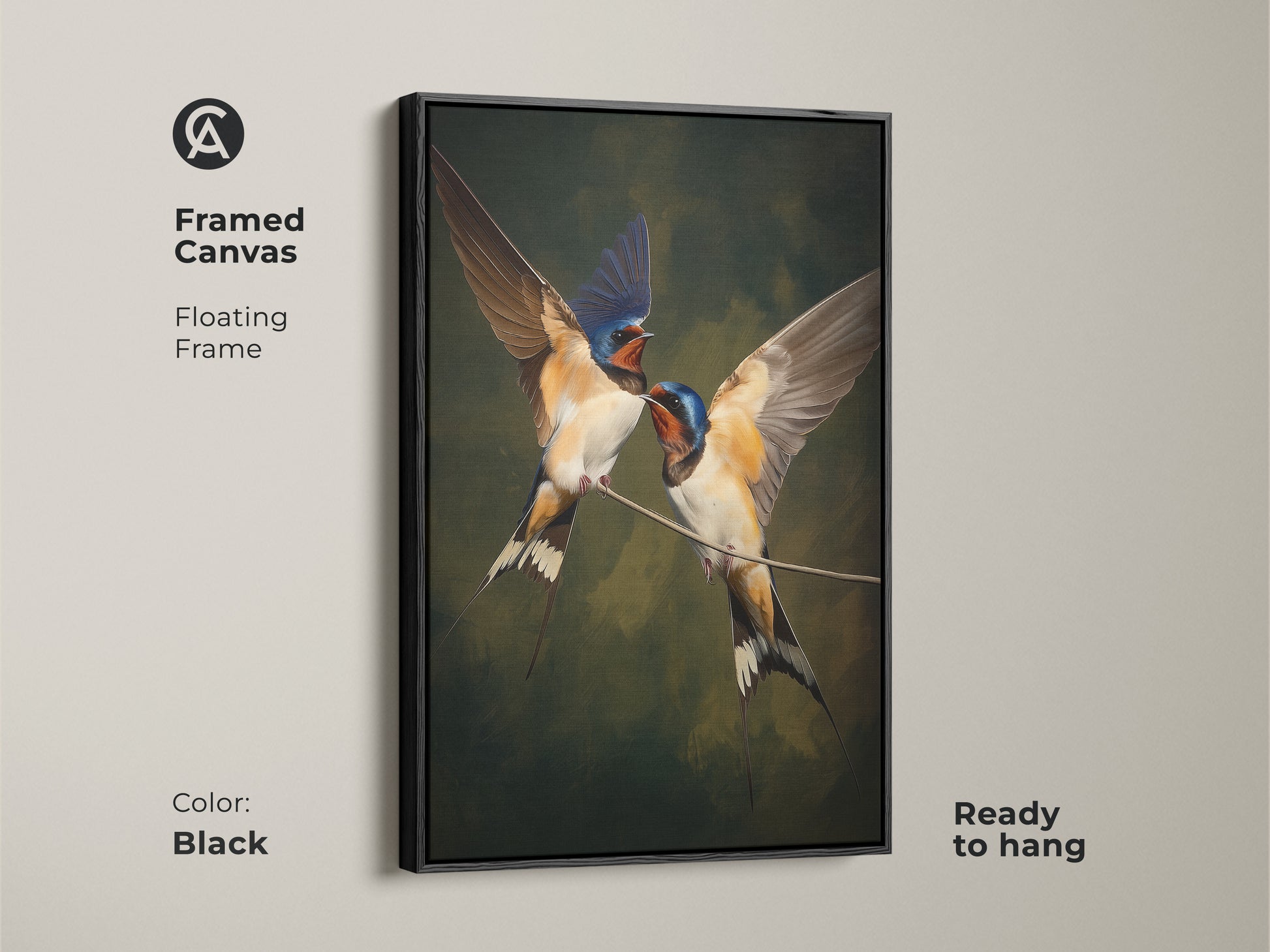 Framed canvas in black featuring realistic swallow bird art with a floating frame. Classical nature wall decor in brown blue and green tones. Traditional home decor gift for wildlife art lovers. This animal art print is ready to hang as ornithology wall art. Ideal housewarming gift art for bird enthusiasts. Elegant wildlife decor for your home.