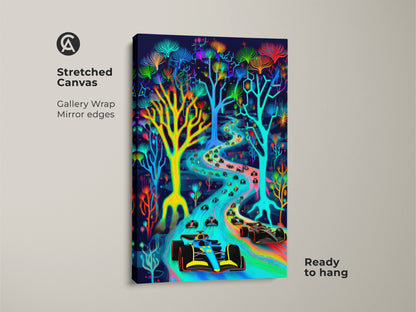 Explore this unique abstract neon F1 canvas art. A vaporwave race car speeds through a psychedelic rainbow landscape. Ready-to-hang stretched canvas art adds a vibrant touch. It's an ideal F1 fan gift or a colorful addition to modern office art. The mirror edges provide a gallery-like appearance.